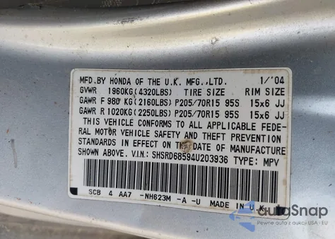 2004 Honda Cr-V Lx from USA, damaged, VIN SHSRD68594U203936